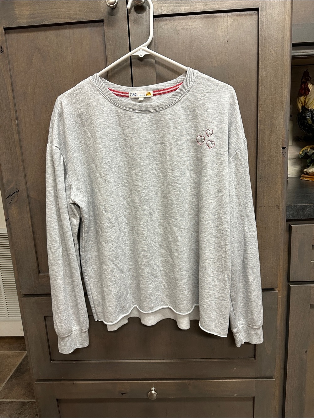 C&C California Heather Gray Crewneck Sweatshirt with Pink Heart Embroidery